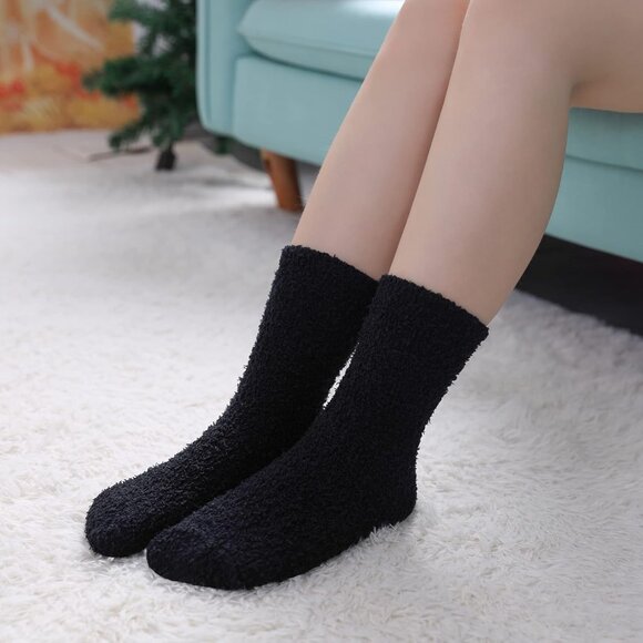 Women Fuzzy Socks Cozy Fluffy Winter Warm Slipper Microfiber Soft Sleep Black - Picture 3 of 6